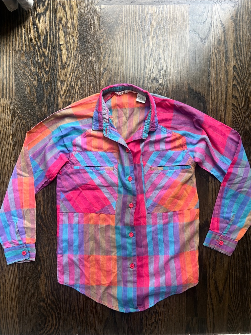 Vintage 80s 1980s Girls' Rainbow Striped Button-Down Shirt Multicolor | 10